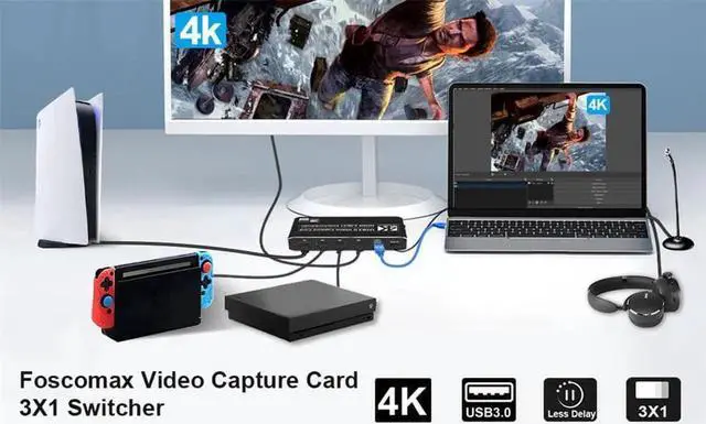 Alt view image 5 of 7 - 3X1 4K@60Hz External Capture Card, Stream and Record in 4K 60fps with HDMI Loop Microphone & Audio for PS5, PS4/Pro, Xbox Series X/S, Xbox One X/S, works with PC and Mac