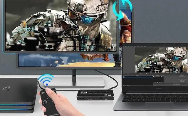 Alt view image 2 of 7 - 3X1 4K@60Hz External Capture Card, Stream and Record in 4K 60fps with HDMI Loop Microphone & Audio for PS5, PS4/Pro, Xbox Series X/S, Xbox One X/S, works with PC and Mac