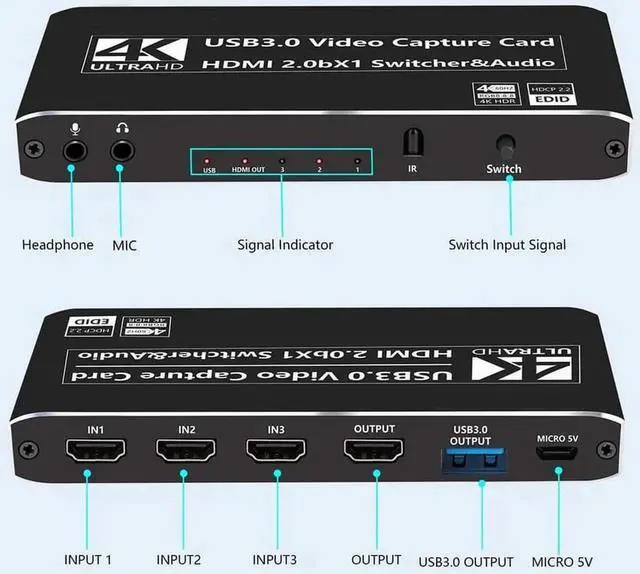 Alt view image 7 of 7 - 3X1 4K@60Hz External Capture Card, Stream and Record in 4K 60fps with HDMI Loop Microphone & Audio for PS5, PS4/Pro, Xbox Series X/S, Xbox One X/S, works with PC and Mac