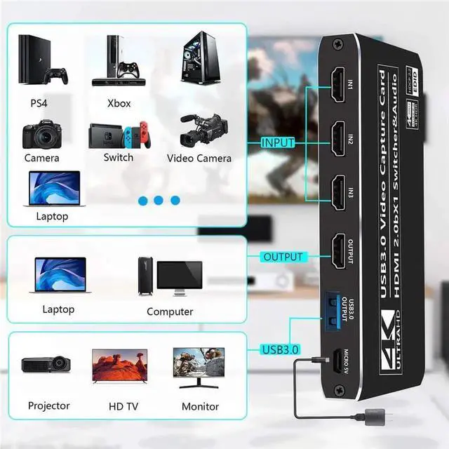 Alt view image 3 of 7 - 3X1 4K@60Hz External Capture Card, Stream and Record in 4K 60fps with HDMI Loop Microphone & Audio for PS5, PS4/Pro, Xbox Series X/S, Xbox One X/S, works with PC and Mac