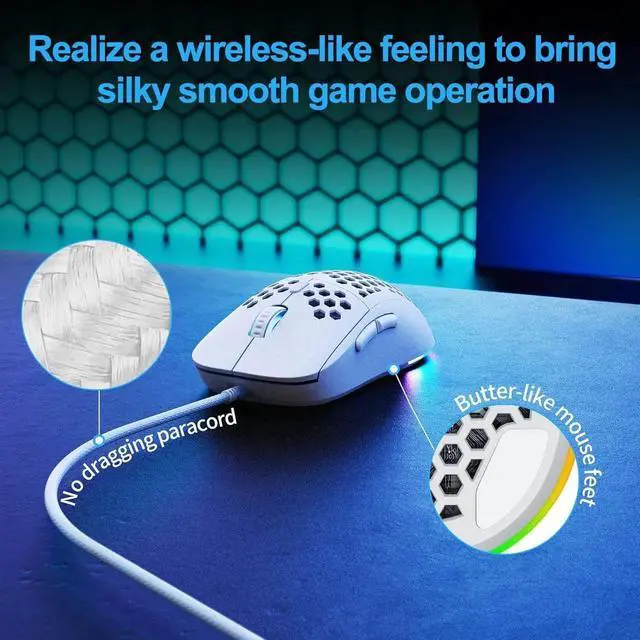 Alt view image 5 of 6 - M1SE Ultralight Honeycomb Gaming Mouse, High-Precision 12800DPI Optical Sensor, 6 Programmable Buttons, Customizable RGB, Drag-Free Paracord, Ergonomic, Wired - Matte White