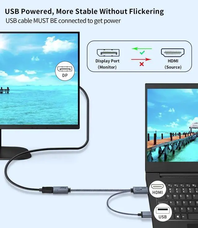 Alt view image 3 of 6 - HDMI to Displayport Adapter 4K@60Hz, 2K@120Hz, 1080P@165Hz, HD (PC/Laptop) Male to DP (Monitor) Female Cable with USB Power Compatible with GPU,Laptop,AMD,NVIDIA,PS5,Xbox 20cm/0.65ft
