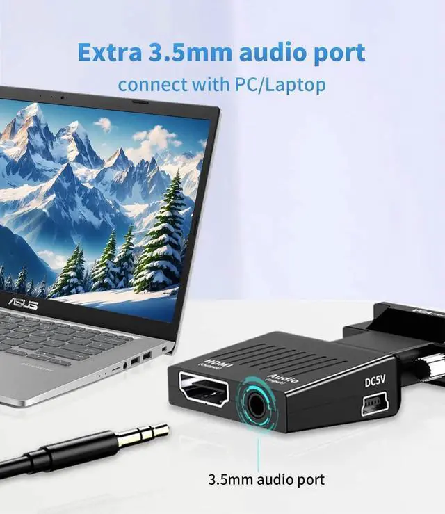 Alt view image 3 of 6 - VGA Computer to HDMI Monitor Adapter with 3.5mm Audio, VGA Source to HDMI Display Converter, Male to Female 1080P@60Hz Dongle adaptador for Computer,Laptop,Projector (Uni-Directional)