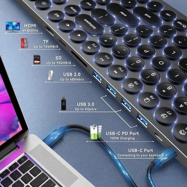Alt view image 7 of 7 - USB C Hub Wired Keyboard with Number Pad for Mac, 9 in 1 USB C Docking Station with 4K HDMI, 4 USB Ports, 100W PD, SD/TF Cards Reader, Full-Size Aluminum Keyboard for MacBook/MacOS/Windows/Android