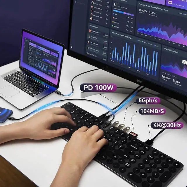 Alt view image 4 of 7 - USB C Hub Wired Keyboard with Number Pad for Mac, 9 in 1 USB C Docking Station with 4K HDMI, 4 USB Ports, 100W PD, SD/TF Cards Reader, Full-Size Aluminum Keyboard for MacBook/MacOS/Windows/Android