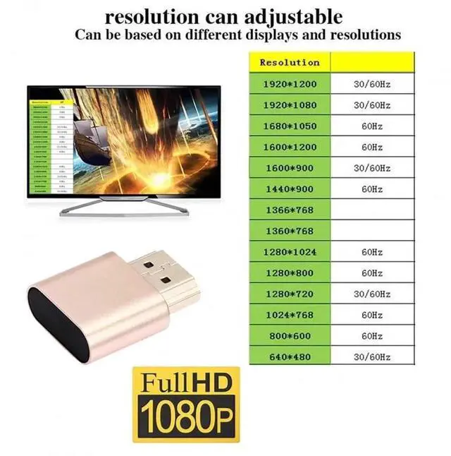 Alt view image 6 of 7 - Adapter Virtual Display Adapter 4K HDMI 1.4 DDC EDID Dummy Plug Headless Ghost Display Emulator HDTV Gold Color 4K@60Hz