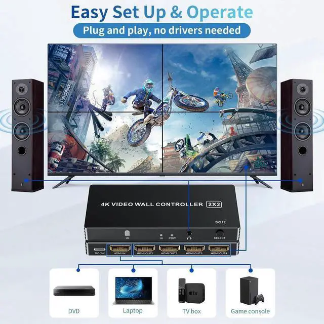 Alt view image 6 of 6 - 4K HDMI Video Wall Controller 2x2, Vszerda TV Wall Processor with 8 Splicing Modes, 180° Rotate, 3.5mm Audio Extractor, IR Remote, 2x2, 1x2, 1x3, 1x4, 2x1, 3x1, 4x1, 4 TV Screen into 1 Wall Display