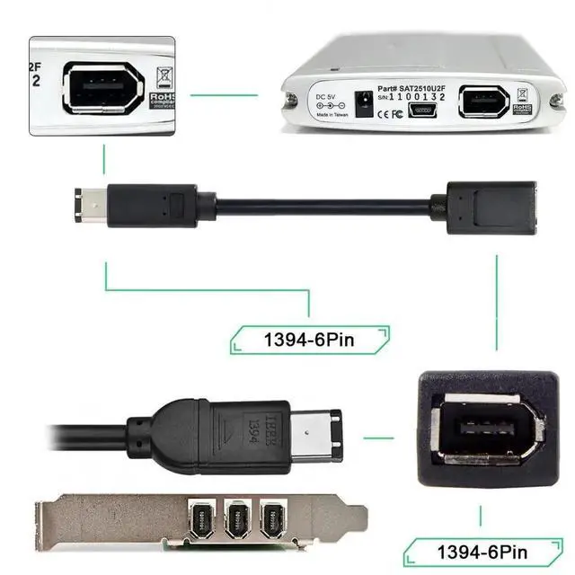 Alt view image 7 of 7 - IEEE 1394 6Pin Female to 1394a 6Pin Male Extension Data Video Capture Card Firewire 400 to 400 Cable 20cm