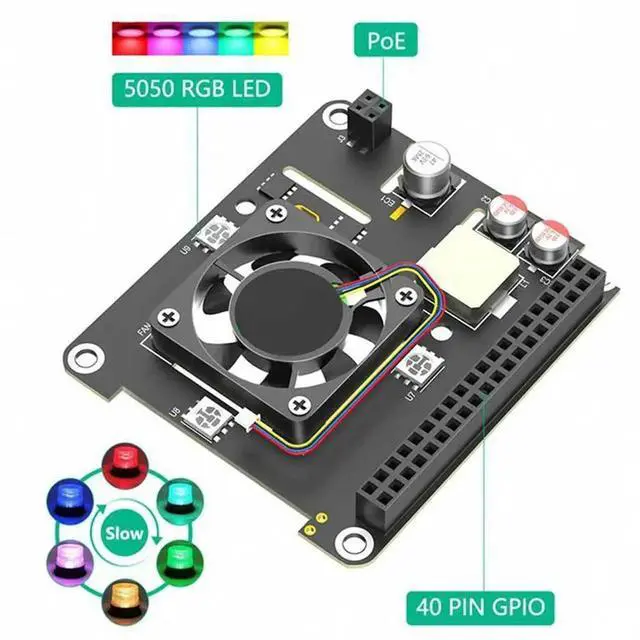Alt view image 4 of 4 - JAENFONG For Raspberry Pi 5 POE Ethernet Power Supply Module 802.3Af/At With Cooling Fan RGB Light
