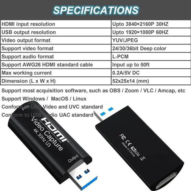 Alt view image 4 of 7 - 4K HDMI to USB 3.0 Video Capture Card 1080P 60FPS Cam Link Card Game Capture Card Adapter Screen Record Capture Device for Streaming, Gaming, Video Conference, Teaching, Live Broadcasting