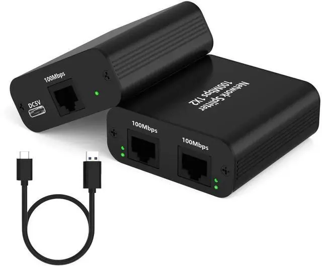 Main image of Ethernet Splitter 1 to 2 Out, 100Mbps Internet Splitter Adapter with USB Power Cable, RJ45 Ethernet Splitter for Cat5/5e/6/7 Cable Support 2 Devices Simultaneously Networking