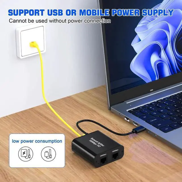 Alt view image 6 of 7 - Ethernet Splitter 1 to 2 Out, 100Mbps Internet Splitter Adapter with USB Power Cable, RJ45 Ethernet Splitter for Cat5/5e/6/7 Cable Support 2 Devices Simultaneously Networking