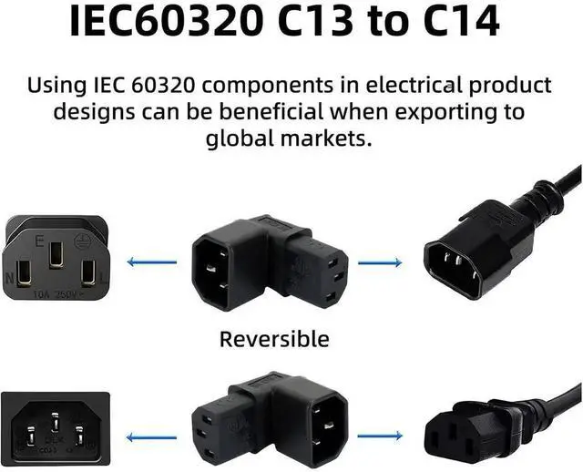 Alt view image 2 of 7 - 2 Pack IEC 320 C14 Male to C13 Female 90 Degree Angled Power Extension Connector Adapter 10A 250V for Monitor/Computer/PDU Chassis/Printer