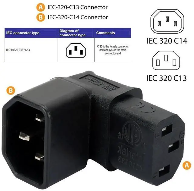 Alt view image 4 of 7 - 2 Pack IEC 320 C14 Male to C13 Female 90 Degree Angled Power Extension Connector Adapter 10A 250V for Monitor/Computer/PDU Chassis/Printer