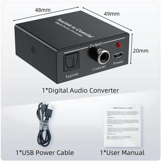 Alt view image 7 of 7 - Optical-to-Coaxial or Coax-to-Optical Digital Audio Converter Adapter, Vszerda Digital Coaxial to Optical Converter, Bi-Directional Coax Digital to/from Optical Toslink SPDIF Audio Converter/Repeater
