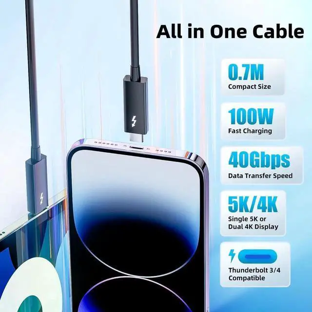 Alt view image 7 of 7 - Thunderbolt 3 Cable 2.3ft/0.7m, 5K/4K@60Hz, 40Gbps Data Transfer, 100W Charging, Short USB-C to USB C Cable, Ideal for Type-C MacBooks, Docking, Dell, iPad Air 4, Pro 2025