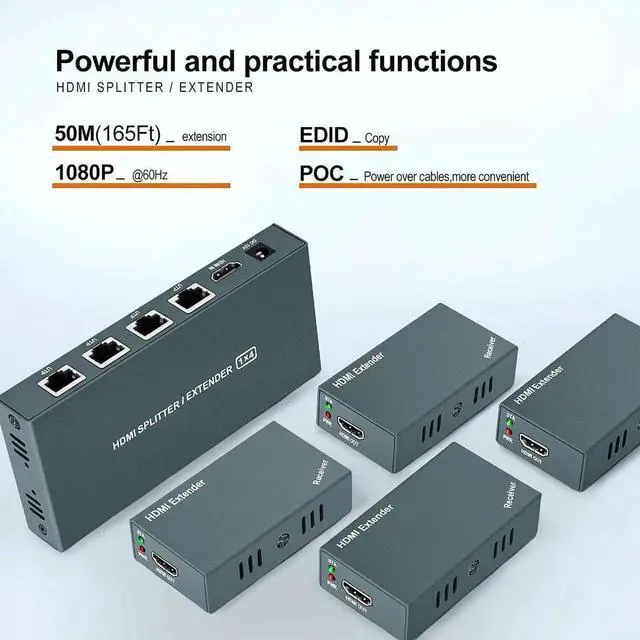 Alt view image 5 of 7 - HDMI Extender Splitter 1x4, 1080P@60Hz, Extending 165ft (50m) Length Transmission Over CAT5e/CAT6/CAT7 Cable, 4 Channel Transmission, 1 Power Adapter