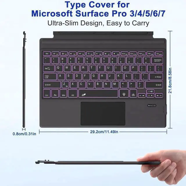 Alt view image 3 of 7 - Surface Pro 3 Keyboard -Type Cover for Surface Pro 7 Plus 7/6/5/4/3, 7 Color Backlit Bluetooth Ultra-Slim Portable Magnetic Surface 3 Keyboard with Trackpad, Rechargeable