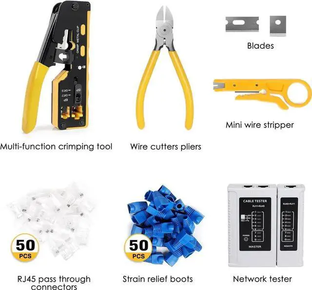 Alt view image 2 of 6 - RJ45 Crimp Tool Kit, Ethernet Pass Through Crimper, Network Cat5 Cat6 Cat7 Crimping Tool Repair Kit Includes Cable Tester, Mini Stripper, Blades, 50Pcs Connectors and Strain Relief Boots