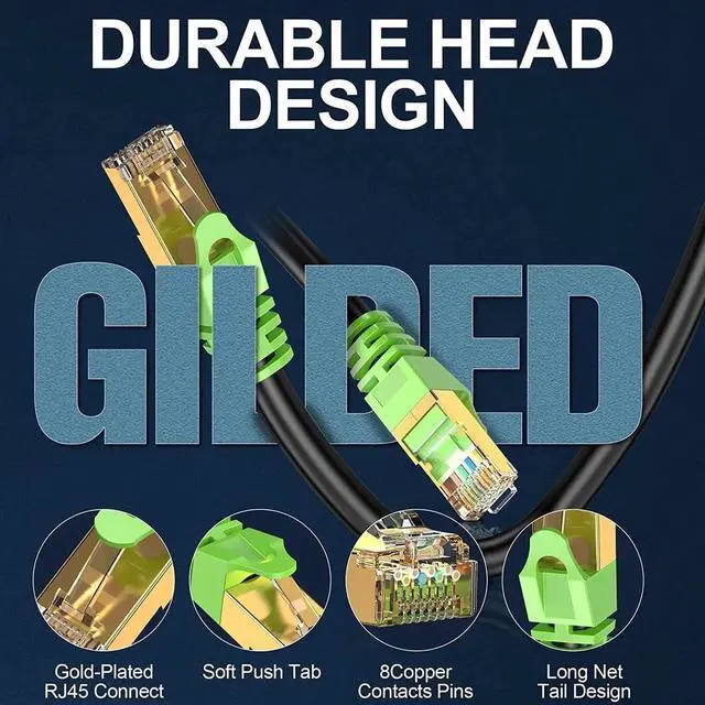 Alt view image 3 of 6 - Cat8 Ethernet Cable 50Ft S/FTP Outdoor&Indoor Heavy Duty High Speed Cat8 LAN Network Cable 40Gbps 2000Mhz with Gold Plated RJ45 Connector Weatherproof Resistant for PC