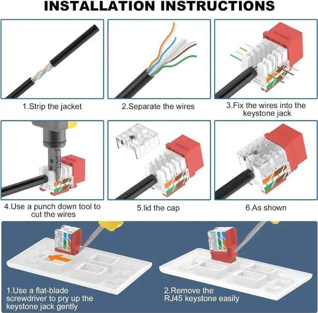 Alt view image 7 of 7 - 25-Pack 90 Degree Cat6 RJ45 Keystone Jack, Punch Down Keystone Jack Adapter-Red UL Listed