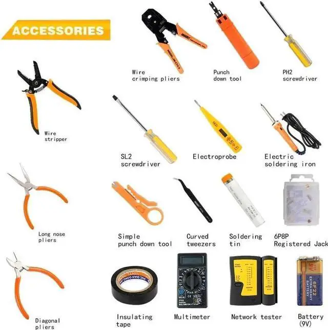 Alt view image 2 of 6 - Network Crimp Tool Kit for RJ45/RJ11/RJ12/CAT5/CAT6/Cat5e/8P, Professional Crimper Connector Stripper Cutter, Computer Maintenance Lan Cable Pliers Tester Soldering Iron Set