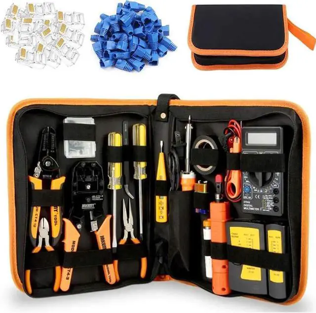 Main image of Network Crimp Tool Kit for RJ45/RJ11/RJ12/CAT5/CAT6/Cat5e/8P, Professional Crimper Connector Stripper Cutter, Computer Maintenance Lan Cable Pliers Tester Soldering Iron Set