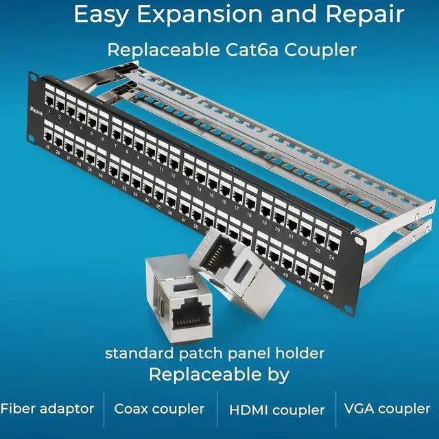Alt view image 6 of 6 - Patch Panel 48 Port Cat6A with Inline Keystone 10G Support, Coupler Patch Panel STP Shielded 19-Inch with Removable Back Bar, 1U Network Patch Panel for Cat7, Cat6, Cat6A, Cat5e