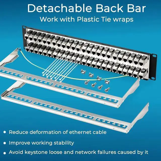 Alt view image 3 of 6 - Patch Panel 48 Port Cat6A with Inline Keystone 10G Support, Coupler Patch Panel STP Shielded 19-Inch with Removable Back Bar, 1U Network Patch Panel for Cat7, Cat6, Cat6A, Cat5e