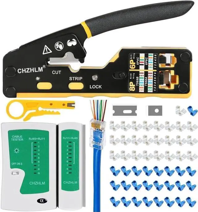 Main image of RJ45 Crimp Tool Kit Pass Through Crimper RJ45 Crimping Tool Stripper Cutter Crimper All-in-One for 8P RJ45 Cat5 Cat5e Cat6 Cat6a 6P RJ11/12 Telephone Connectors With Cable Tester 50PCS Connectors 50PC