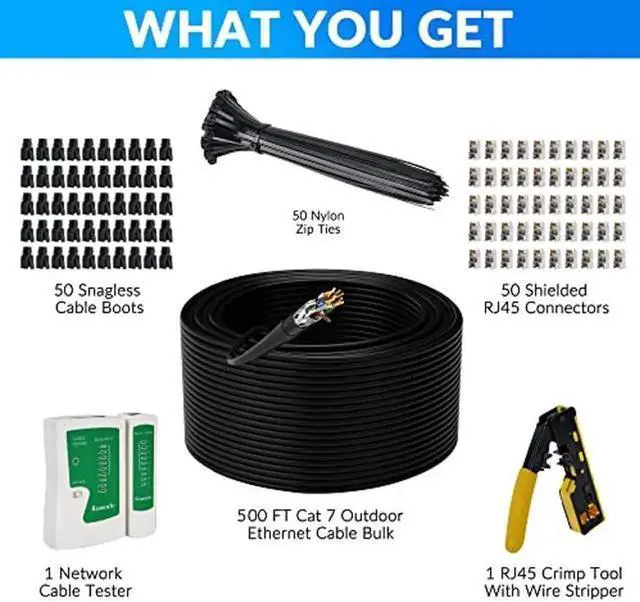 Alt view image 5 of 5 - Cat 7 Outdoor Ethernet Bulk Cable 500 FT With Tool Kits, Adoreen 10Gbps Heavy Shielded Internet Cable,24AWG Solid Copper,POE,UL CMR,S/FTP,Direct Burial&Indoor,Cat6A Cat7 Cat 6E Cat 6 Network RJ45 Cord