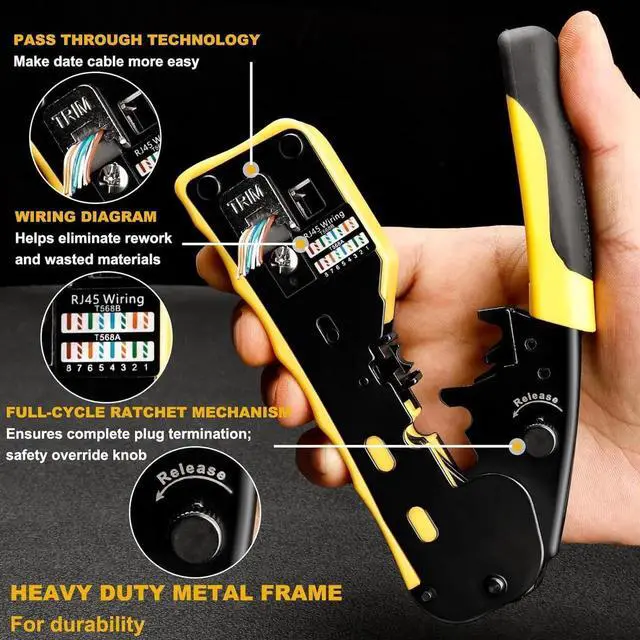 Alt view image 4 of 7 - RJ45 Crimp Tool Kit Pass Through Ethernet Crimper Kit All-in-one Ratcheting Modular Data Cable Crimper Kit