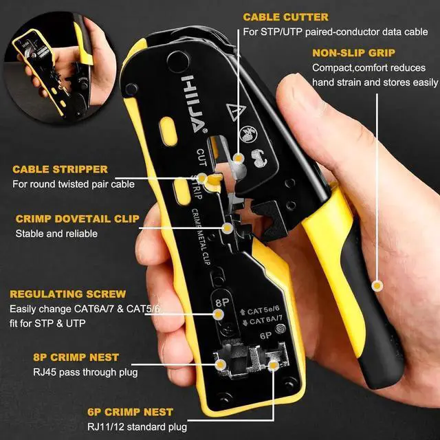 Alt view image 2 of 7 - RJ45 Crimp Tool Kit Pass Through Ethernet Crimper Kit All-in-one Ratcheting Modular Data Cable Crimper Kit