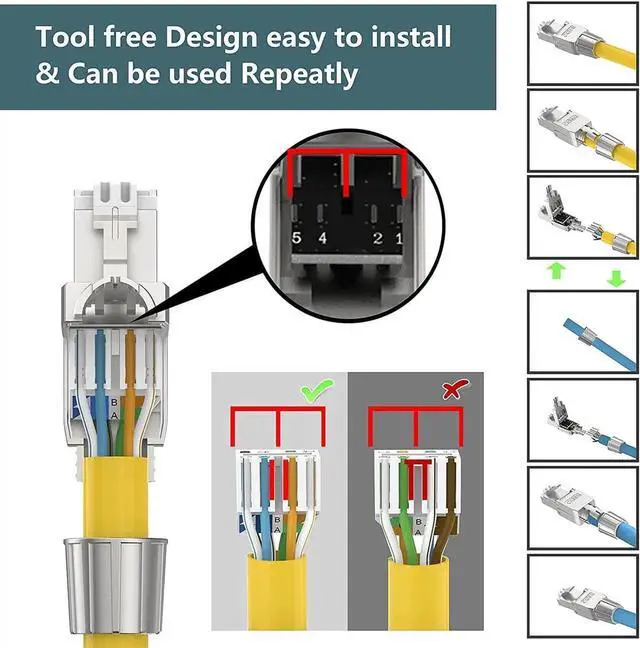 Alt view image 7 of 7 - RJ45 Cat6A Connectors Tool-Free Reusable Shielded Ethernet Termination Plugs for 23AWG SFTP UTP Cable, 10G Easy Internet Plug, Fast Field Installation 4 Pack