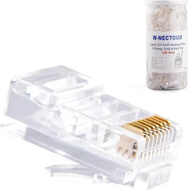 Main image of Cat5e RJ45 Connectors,100-PACK Cat5 Ends/Cat 5 Connector/Cat 5e RJ45 Modular Plugs(3-Prong Gold Plated 15),UTP Network Plug for Solid Strand Cable