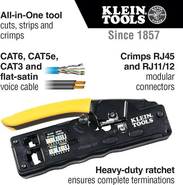 Alt view image 4 of 5 - Klein Tools VDV226-107 Compact Ratcheting Modular Data Cable Crimper / Wire Stripper / Wire Cutter, CAT6, CAT5, CAT3, Flat-Satin Voice Cable