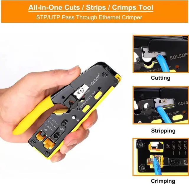 Alt view image 6 of 6 - Pass Through RJ45 Crimp Tool Kit All-in-One Ethernet Crimper Cat7 Cat6 Cat5 Crimping Tool with Network Cable Tester, 50-Pack Cat6 RJ45 Pass Through Connector, 50-Pack Connector Boots