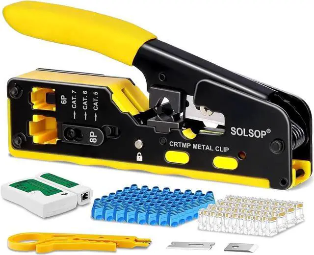 Main image of Pass Through RJ45 Crimp Tool Kit All-in-One Ethernet Crimper Cat7 Cat6 Cat5 Crimping Tool with Network Cable Tester, 50-Pack Cat6 RJ45 Pass Through Connector, 50-Pack Connector Boots