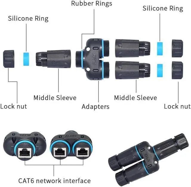 Alt view image 2 of 7 - IP68 Waterproof RJ45 Coupler Splitter, Waterproof Ethernet Coupler 1 in 2 Out Splitter IP68 Ethernet Outdoor LAN Cable Connector for Cat5/Cat5e/Cat6/Cat7/Cat8 Ethernet Cable (1 Pair Female)