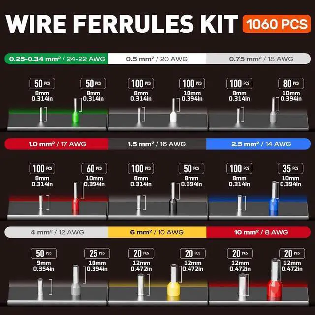 Alt view image 5 of 6 - Ferrule Crimping Tool Kit, Self-Adjusting Pliers for Wire Ferrules AWG 24-8, With 18 Sizes Insulated and Non-insulated Wire Ferrules Terminals, Square Crimp Connector Assortment Kit