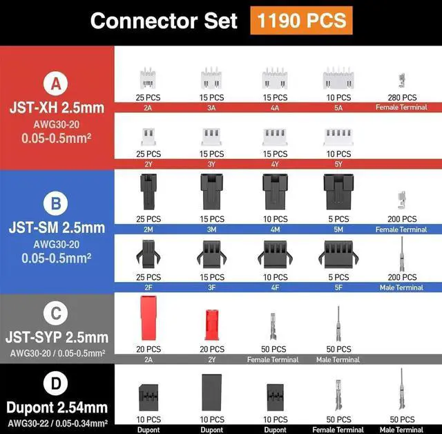 Alt view image 3 of 7 - Crimp Tool Connector Kit, JST-XH/SM/SYP 2.5mm and Dupont 2.54mm Connector Set, 27 Types of Connectors, 30-20 AWG Ratcheting Crimper for JST Series,KF2510,Molex,AMP EI Series