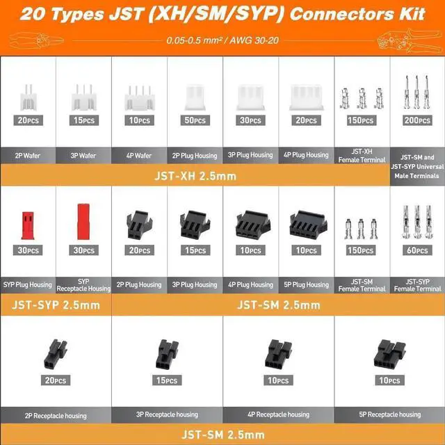 Alt view image 4 of 7 - JST Electrical Connectors Crimping Kit, Micro Connector Pin Crimping Tool AWG30-20 with 20 types JST-XH/JST-SM/SYP Electrical Connectors+Wire Stripper, Ratcheting Crimper for JST,Dupont,KF2510