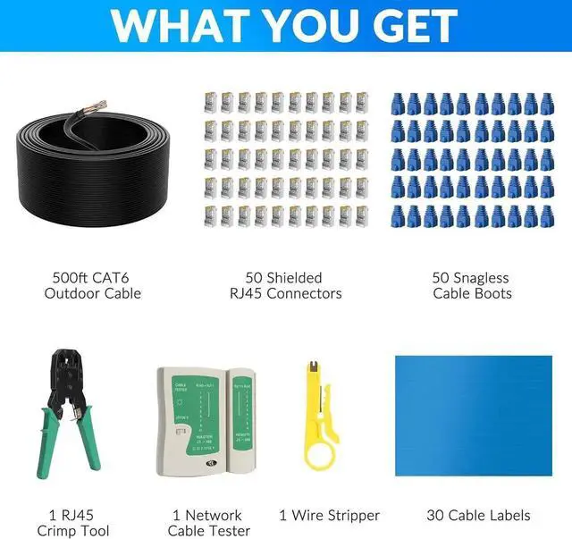 Alt view image 7 of 7 - Cat6 Outdoor Ethernet Cable 500 FT with Tool Kit, Heavy Duty Network Internet DIY Bulk Cord, Support Cat 6 Cat5e Cat5, UTP, CCA, Waterproof, PVC & LLDPE UV Double Jackets, in Wall, Direct Burial, POE