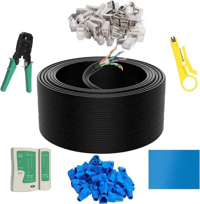 Main image of Cat6 Outdoor Ethernet Cable 500 FT with Tool Kit, Heavy Duty Network Internet DIY Bulk Cord, Support Cat 6 Cat5e Cat5, UTP, CCA, Waterproof, PVC & LLDPE UV Double Jackets, in Wall, Direct Burial, POE