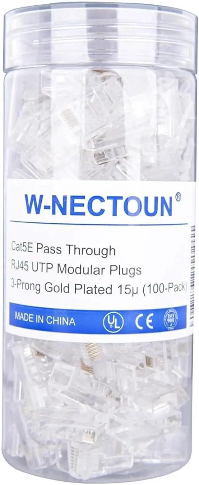 Alt view image 4 of 7 - Cat5e Pass Through RJ45 Connectors,100-PACK Cat5 Ends/Cat 5 Connector/Cat 5e RJ45 Modular Plugs(3-Prong Gold Plated 15),UTP Network Plug for Solid Strand Cable