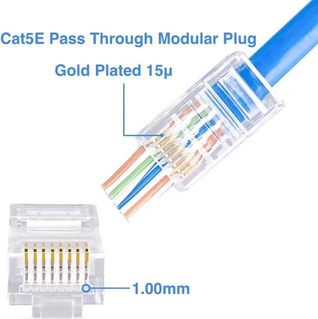 Alt view image 7 of 7 - Cat5e Pass Through RJ45 Connectors,100-PACK Cat5 Ends/Cat 5 Connector/Cat 5e RJ45 Modular Plugs(3-Prong Gold Plated 15),UTP Network Plug for Solid Strand Cable