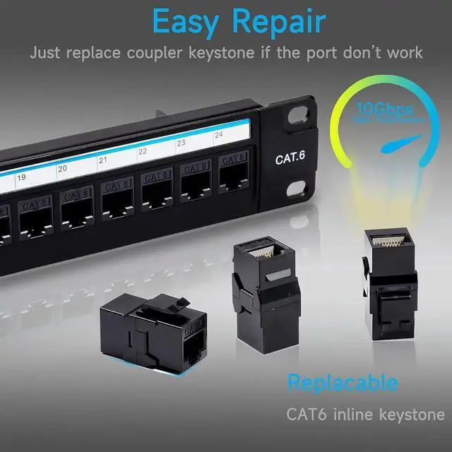 Alt view image 2 of 6 - 24 Port RJ45 Patch Panel Cat6 Feed Through, Coupler Network Patch Panel 19 Inch, Inline Keystone Ethernet Patch Panel with Back Bar