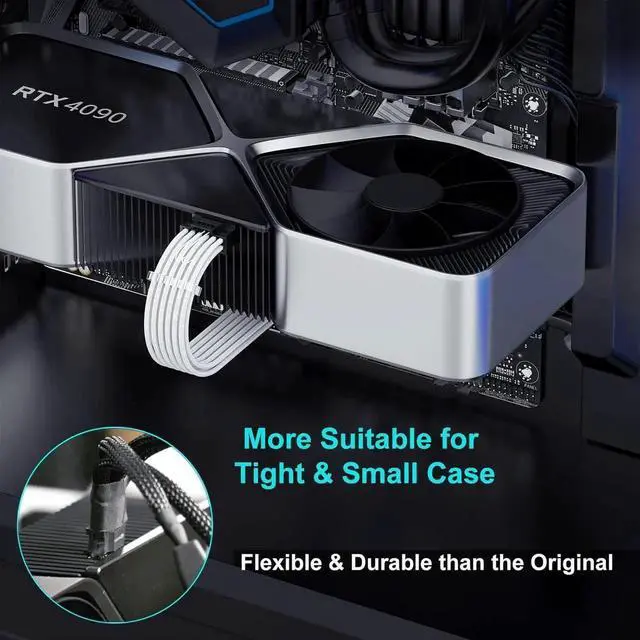 Alt view image 2 of 6 - PCIE 5.0 RTX 4070Ti 16Pin GPU Power Extension Cable, PCI-e 5.0 12VHPWR GPU Cable Adapter 16Pin(12+4) Male to 2X8Pin Female Extension Cord Designed for Geforce RTX 4070 4070 Super-13Inch White