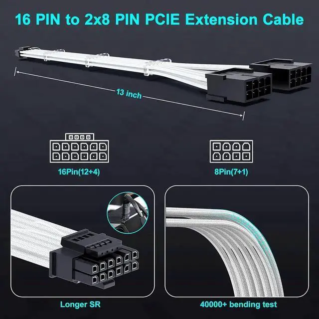 Alt view image 3 of 6 - PCIE 5.0 RTX 4070Ti 16Pin GPU Power Extension Cable, PCI-e 5.0 12VHPWR GPU Cable Adapter 16Pin(12+4) Male to 2X8Pin Female Extension Cord Designed for Geforce RTX 4070 4070 Super-13Inch White