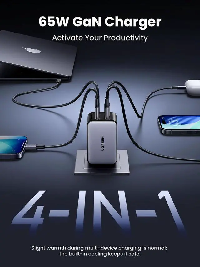 Alt view image 7 of 7 - UGREEN Nexode 65W GaN USB C Wall Charger, 4-Port Fast Type-C Charger Compatible with MacBook Pro/Air, iPhone 17/16/15 Series, Galaxy S25/S24, Pixel 10/9, iPad Pro, Steam Deck
